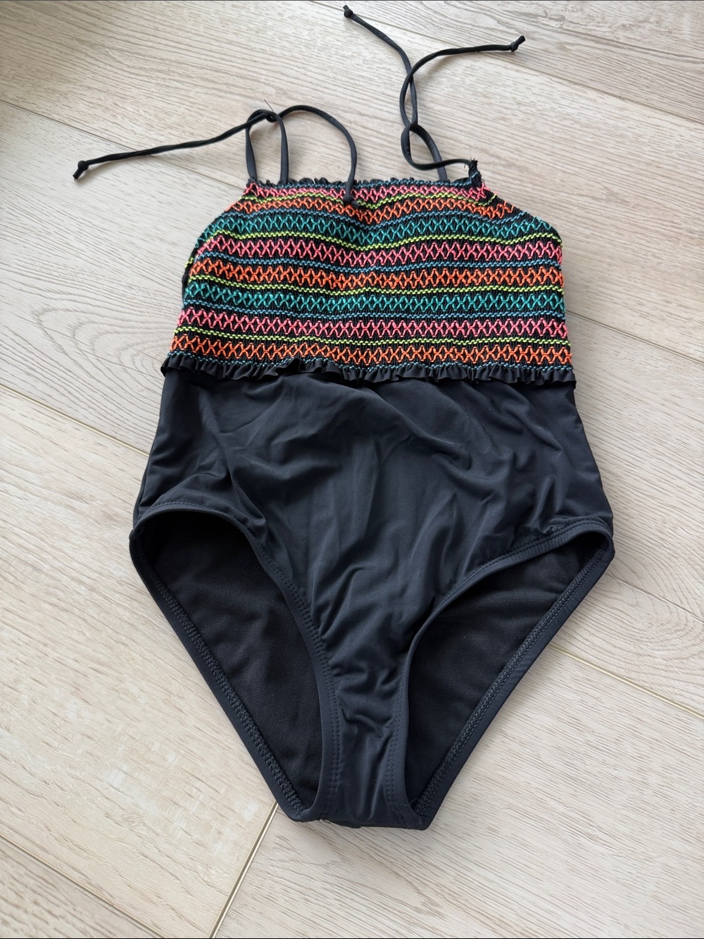 Hobie Black One-Piece Swimsuit with Multicolor Smocked Top